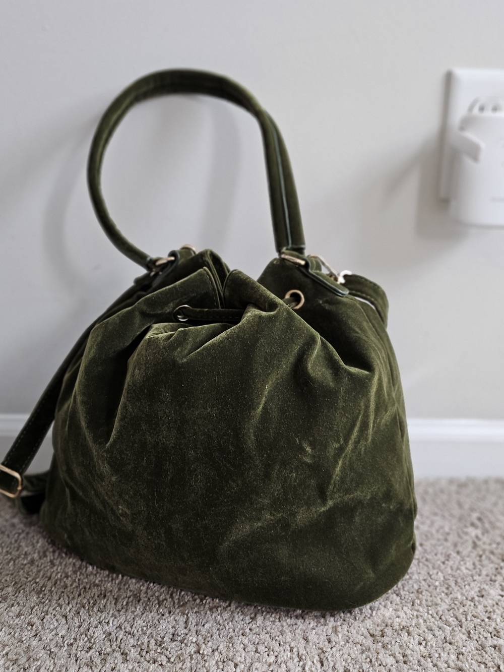 Olive Green Velvet Drawstring Shoulder Bag with Gold Hardware - Picture 4 of 9